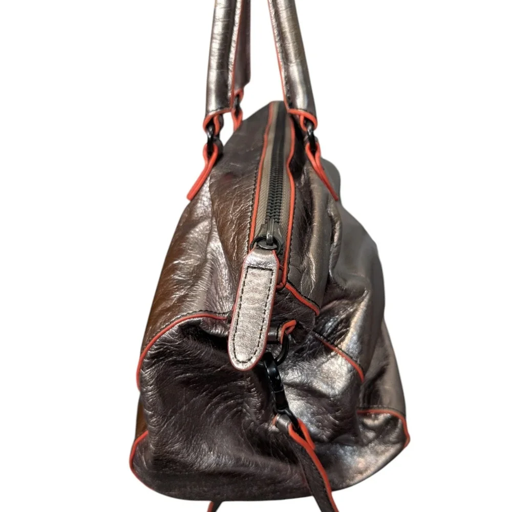 Liebeskind Berlin Metallic Bronze Leather Satchel Bag Neon Orange Trim Crossbody